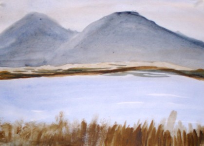 child's painting of lake and hills